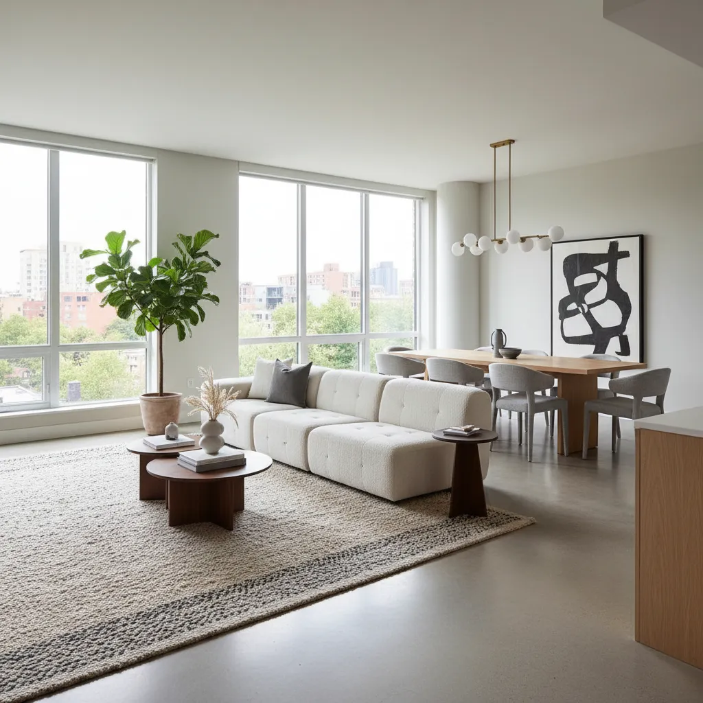 Bright open living room with large windows white sofa wooden dining table and green plant