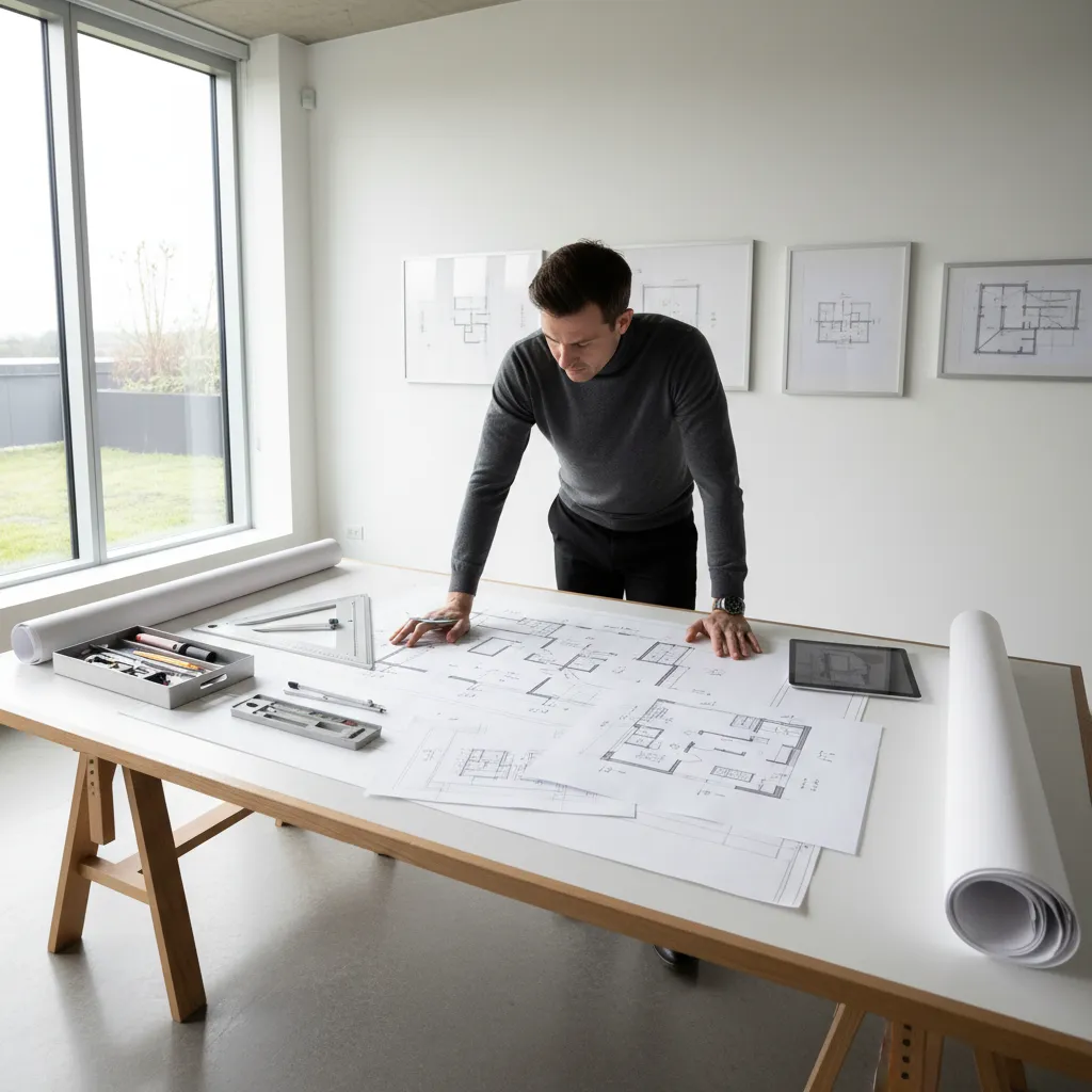 Arquitecto revisando plano conceptual de vivienda