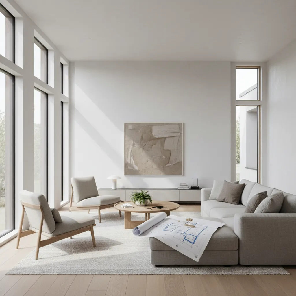 Modern bright living room with grey sofa two chairs round wooden table and floor plan