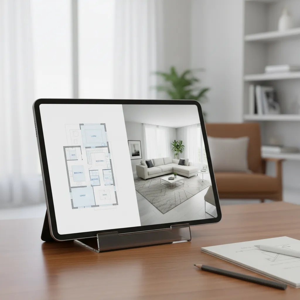 Concepto de diseño digital del hogar con tablet mostrando plano y render