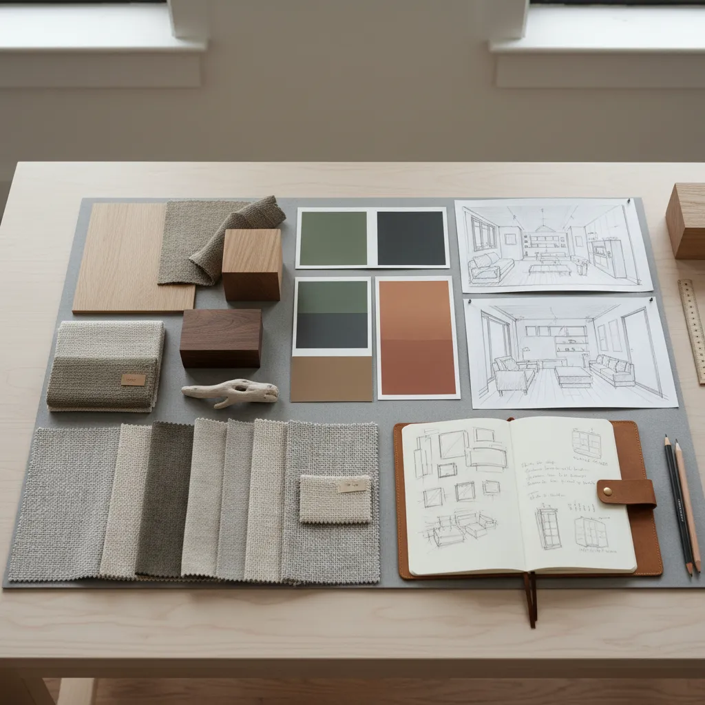 Moodboard y concepto de diseño interior con materiales y colores