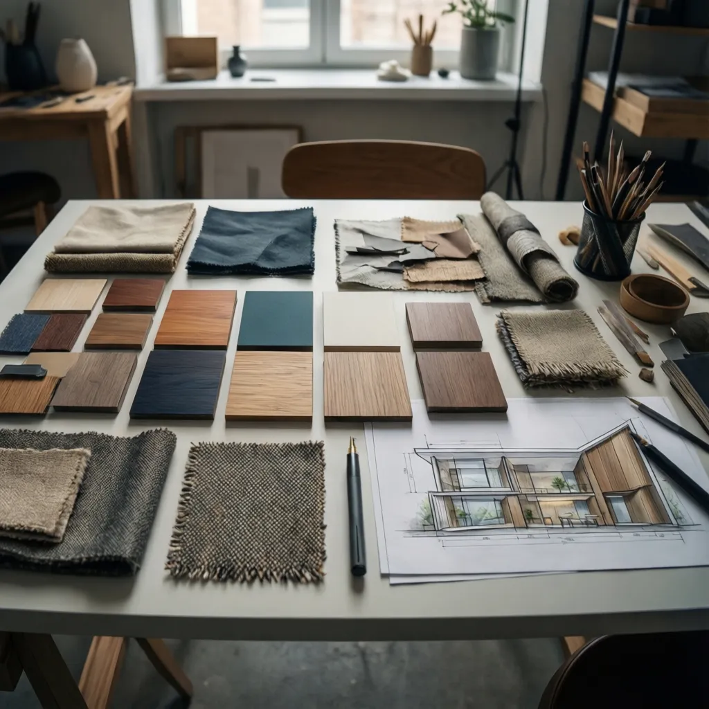 Moodboard de interiorismo con materiales, colores y referencias visuales