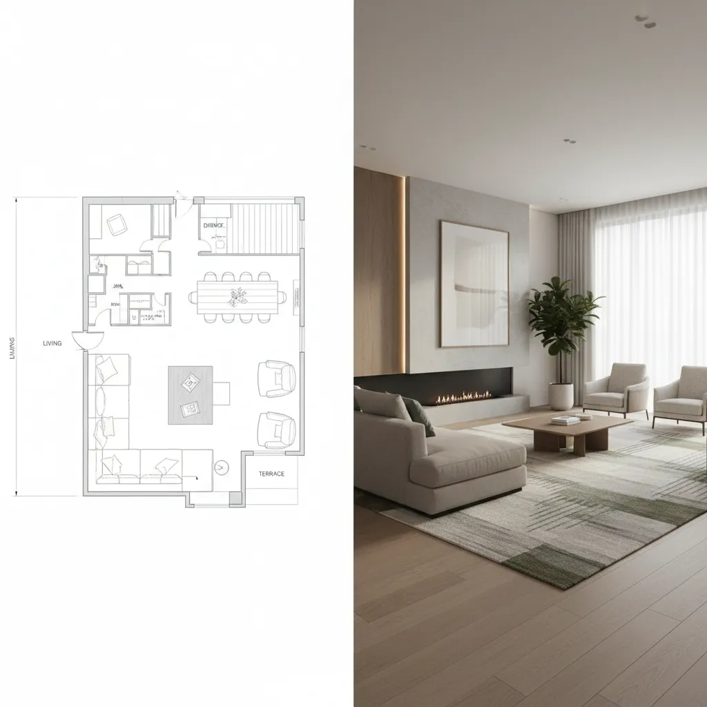 Comparison between 2D floor plan sketch and modern living room interior design drawing with sofa