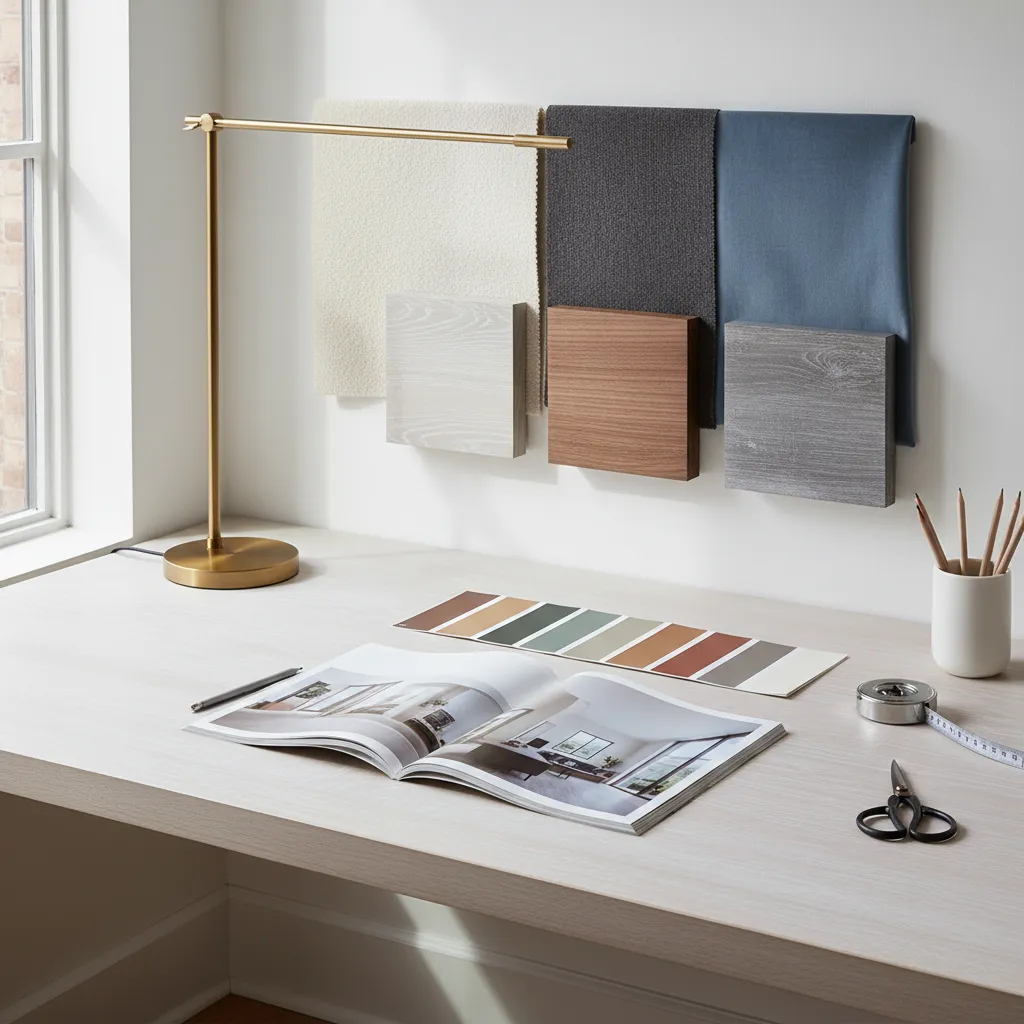 Moodboard de diseño interior con materiales, colores y referencias