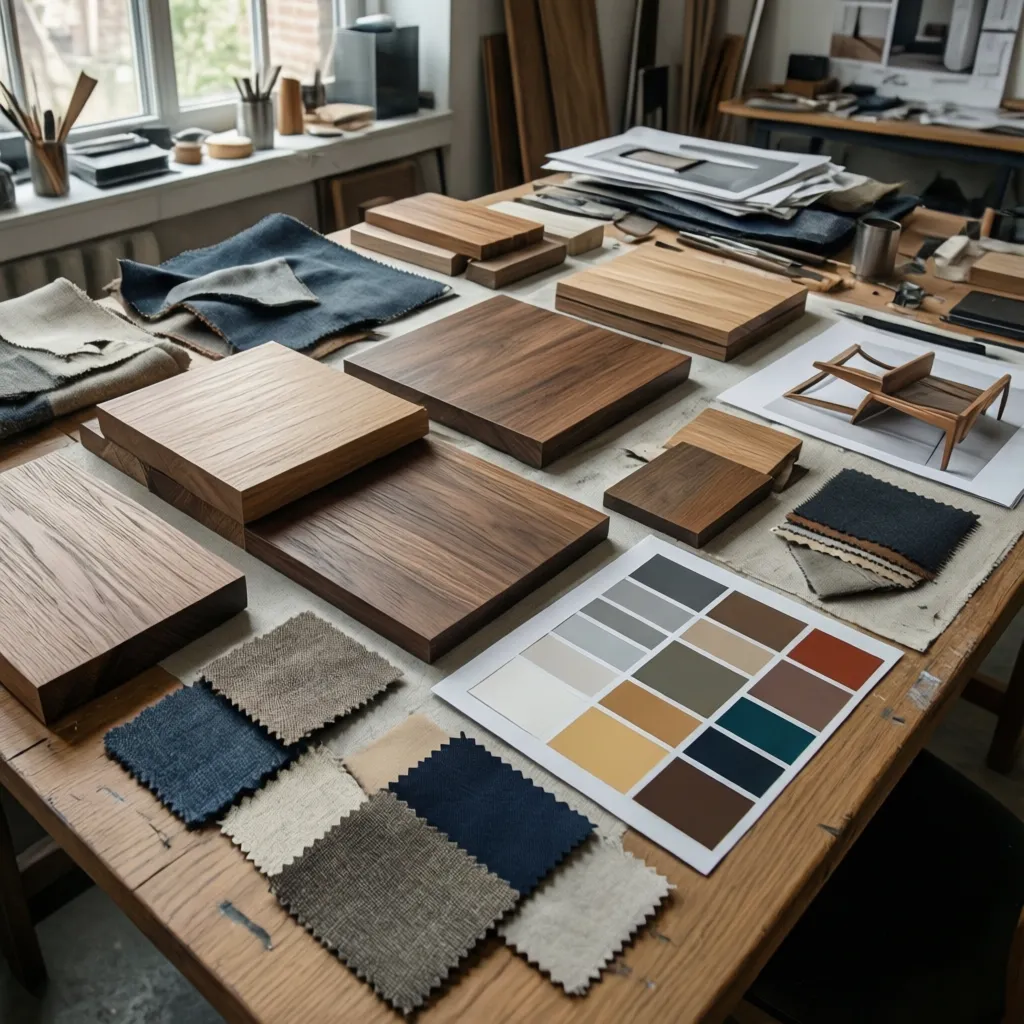 Interior design material samples including wood blocks, fabric swatches, color palette card, and small chair
