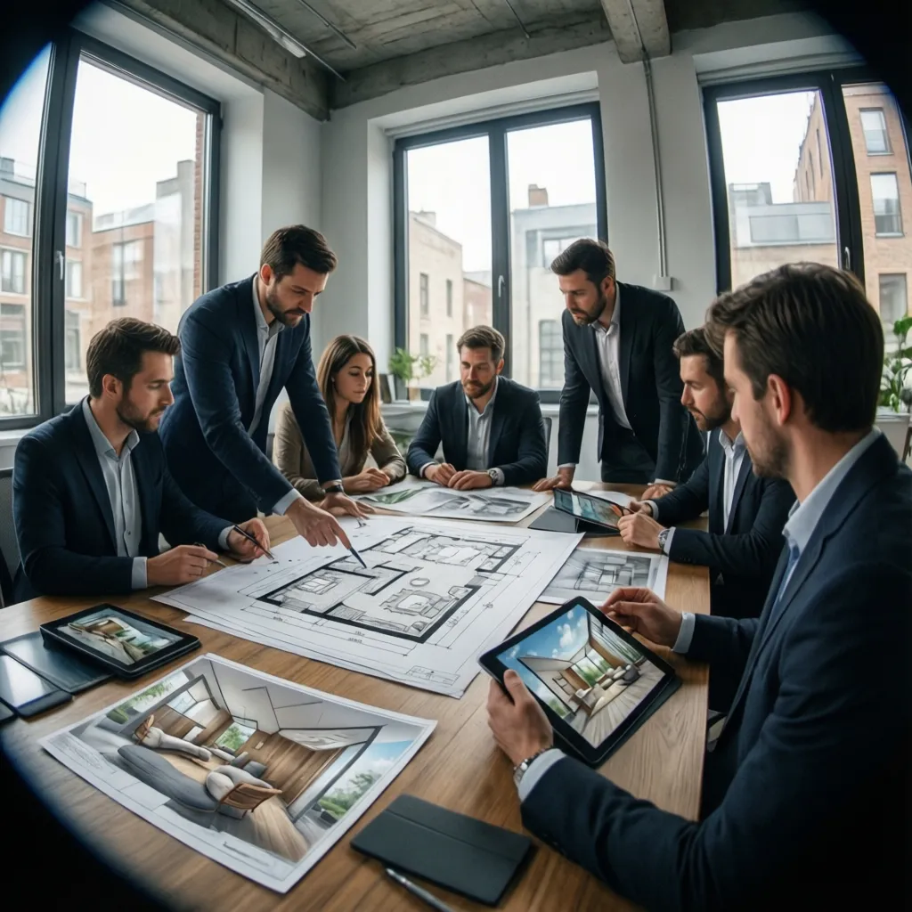 Team of professionals reviewing a floor plan layout and interior design drawings on a table