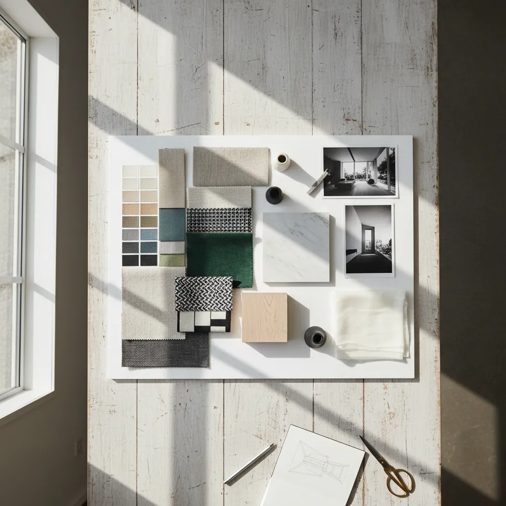 Interior design mood board with fabric samples wood pieces marble tiles and a color palette