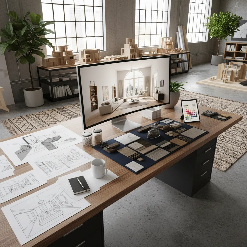 Proceso creativo de diseño de interiores con bocetos y render en pantalla