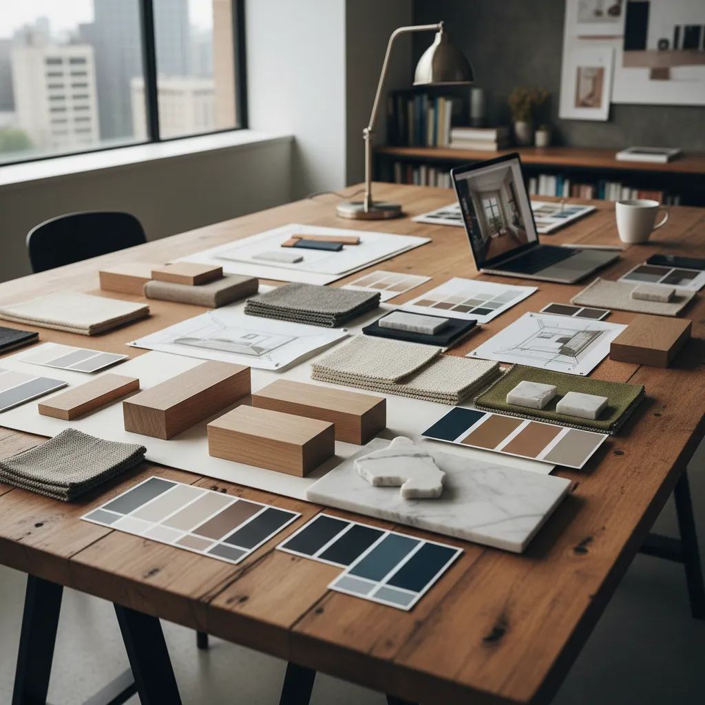 Mesa de trabajo con moodboard de interiorismo, muestras de materiales y bocetos