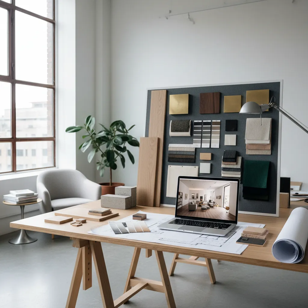 Interior design workspace with laptop floor plan designs material samples and a mood board display