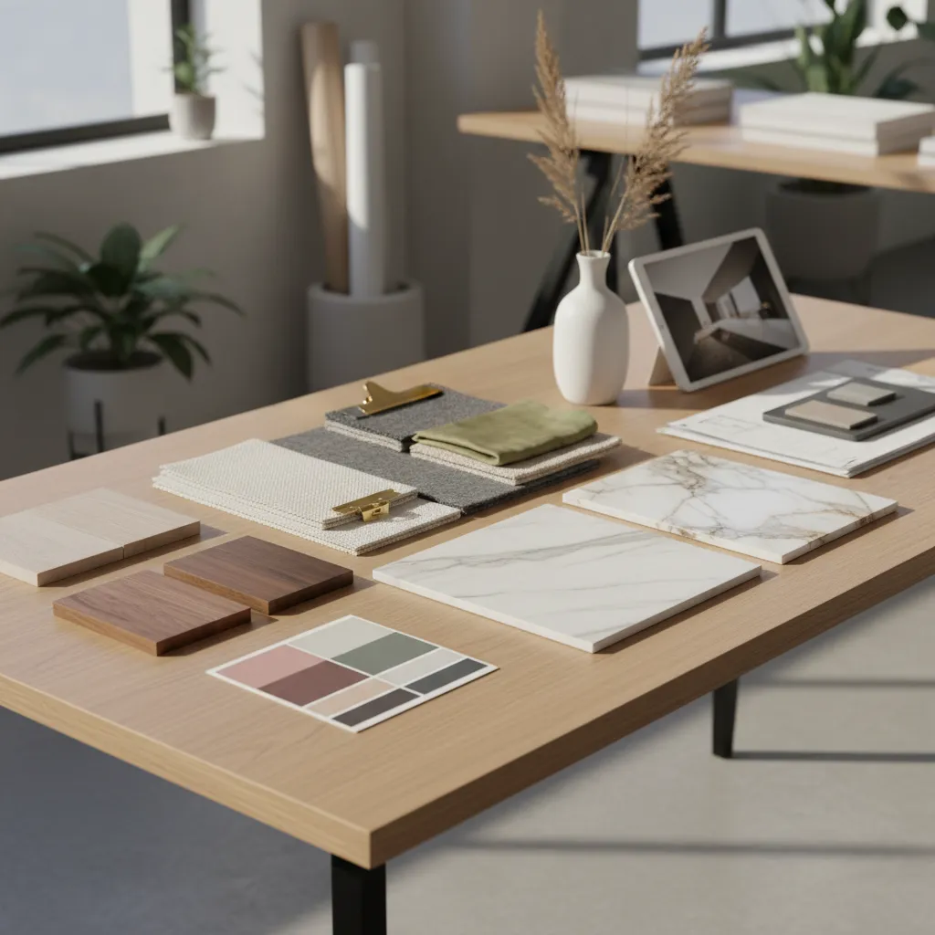 Moodboard y concepto de diseño de interiores con materiales, colores y texturas