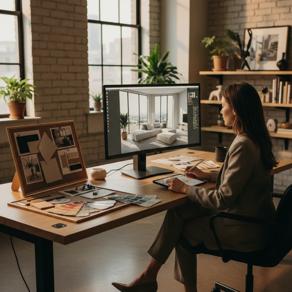 Diseñador creando concepto de interior con herramientas digitales