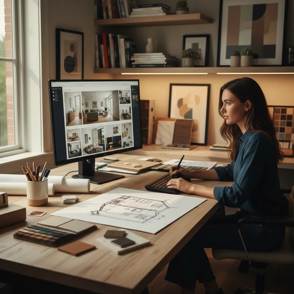 Diseñador creando concepto de interior en ordenador con referencias visuales