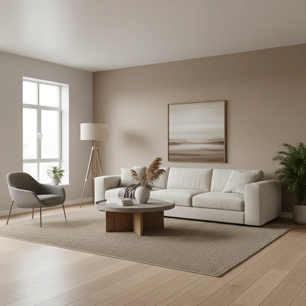 Minimalist living room with white sofa, grey chair, wooden floor, large painting, and floor lamp