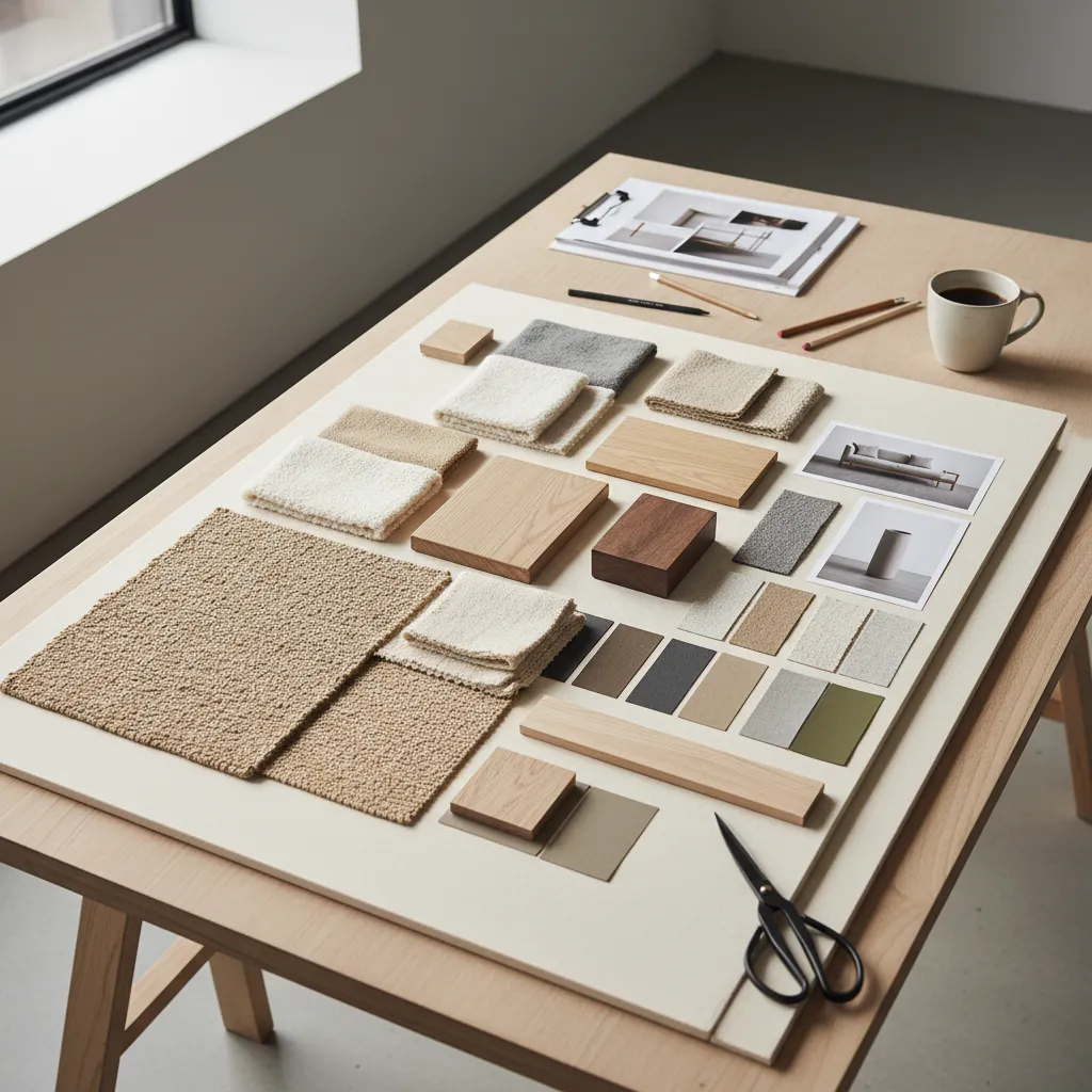 Panel de concepto con materiales y colores para un proyecto de interiorismo