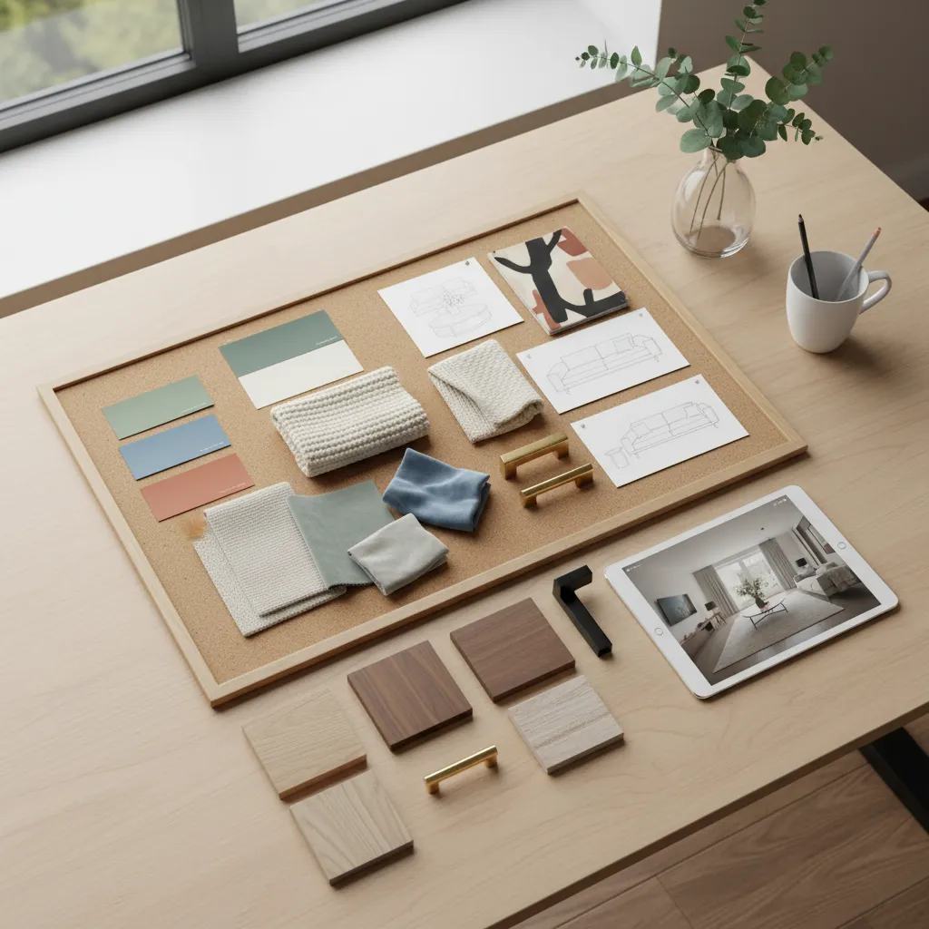 Interior design board featuring fabric pieces, wood samples, sketches, and a tablet on wooden desk