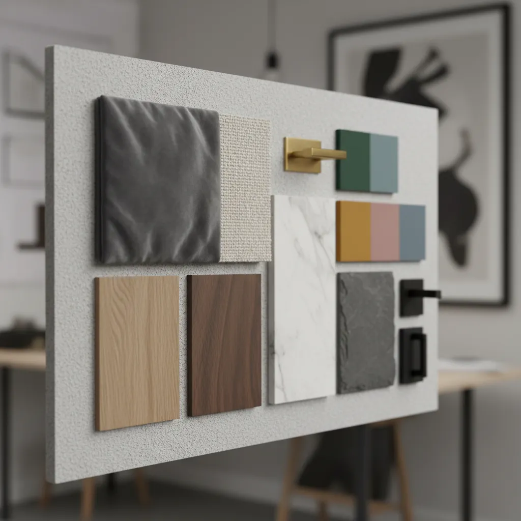 Tablero conceptual con materiales y paleta de colores para interiorismo
