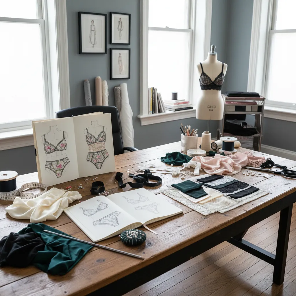 Proceso creativo de diseño de lencería con bocetos y telas