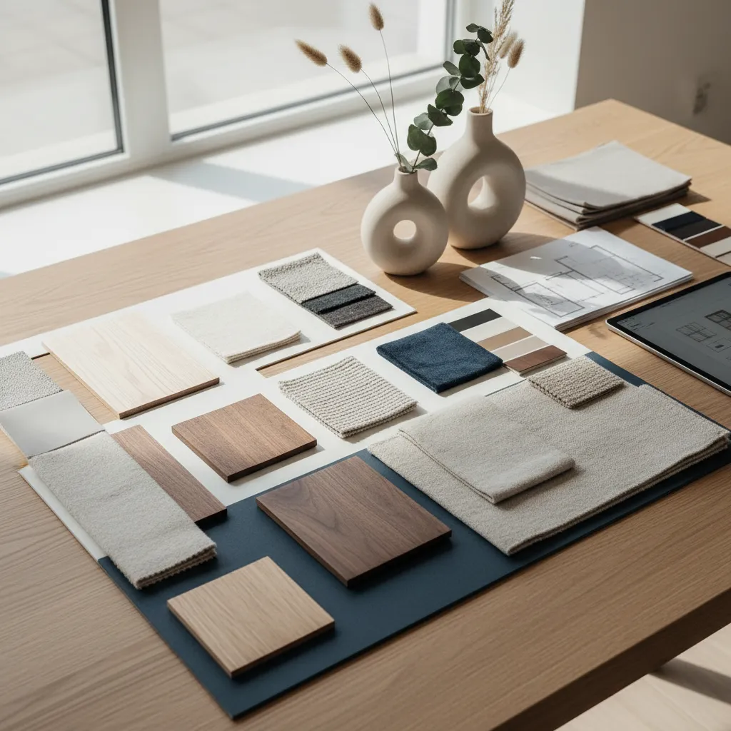 Moodboard de diseño interior con materiales, telas y paleta de colores