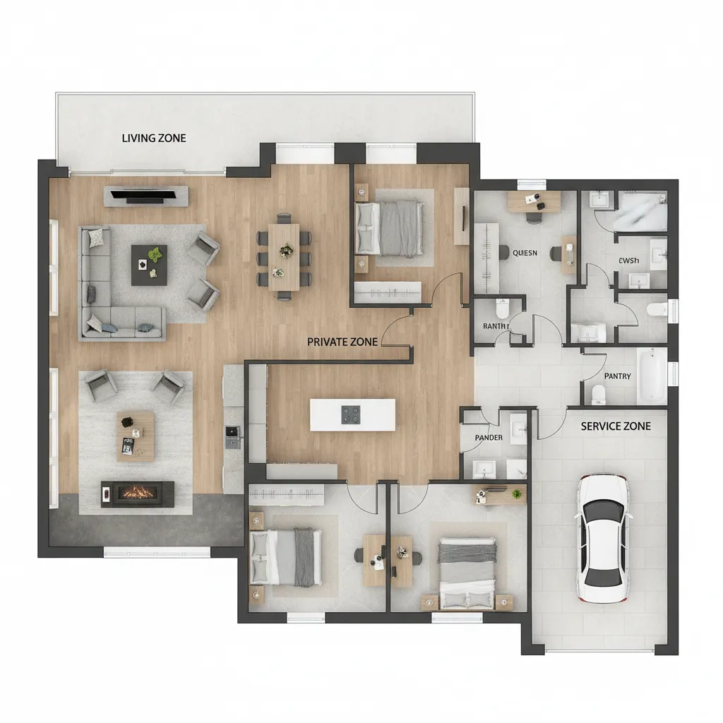 Plano conceptual de una vivienda con zonas marcadas