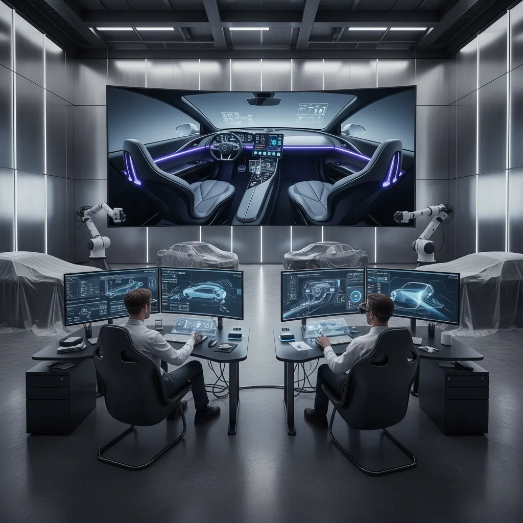 Two designers in modern studio using computers and screens to create car interior design drawing