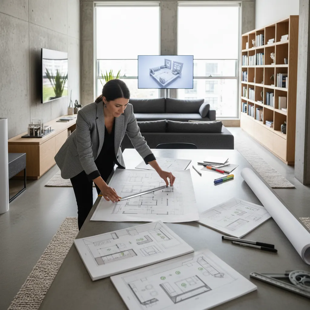 Female interior designer reviews house floor plans with a ruler at a large wooden table