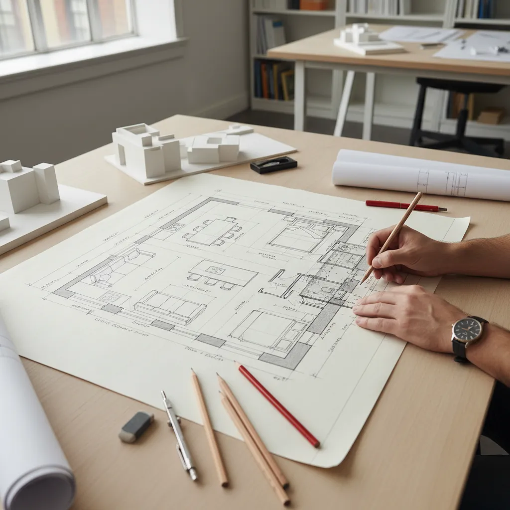 Person drawing hand-drawn interior design drawing on paper with pencils and models on a desk