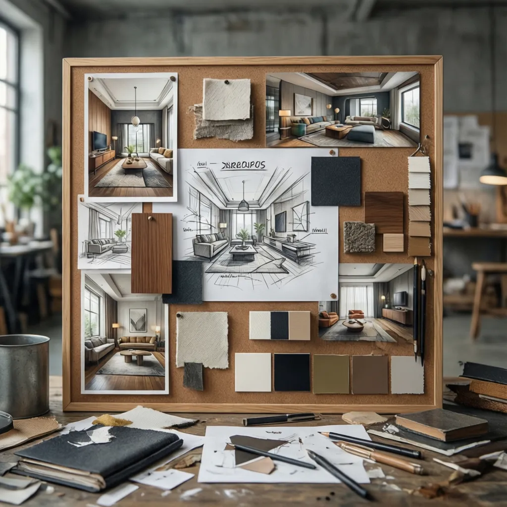 Panel conceptual con palabras relacionadas con diseño de interiores