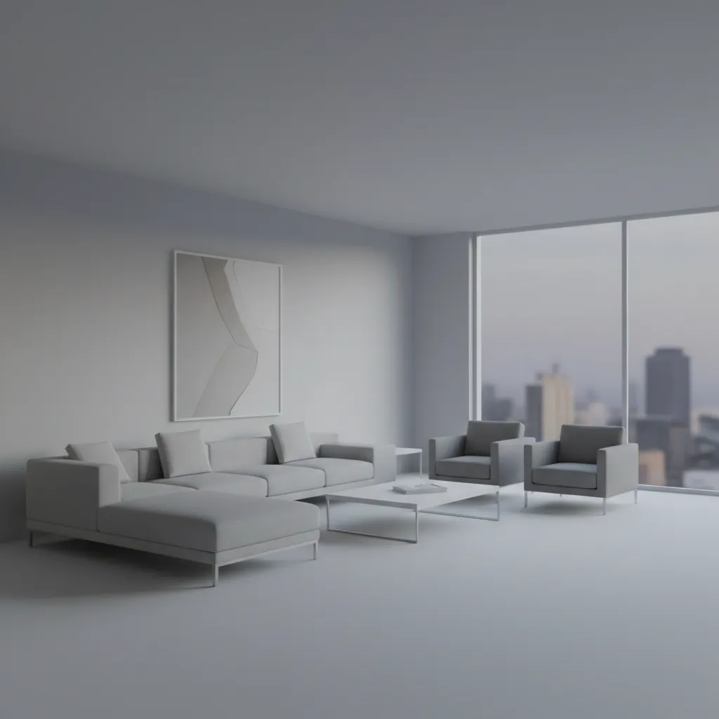 Conceptual 3D rendering of a modern living room with simplified materials and neutral colors