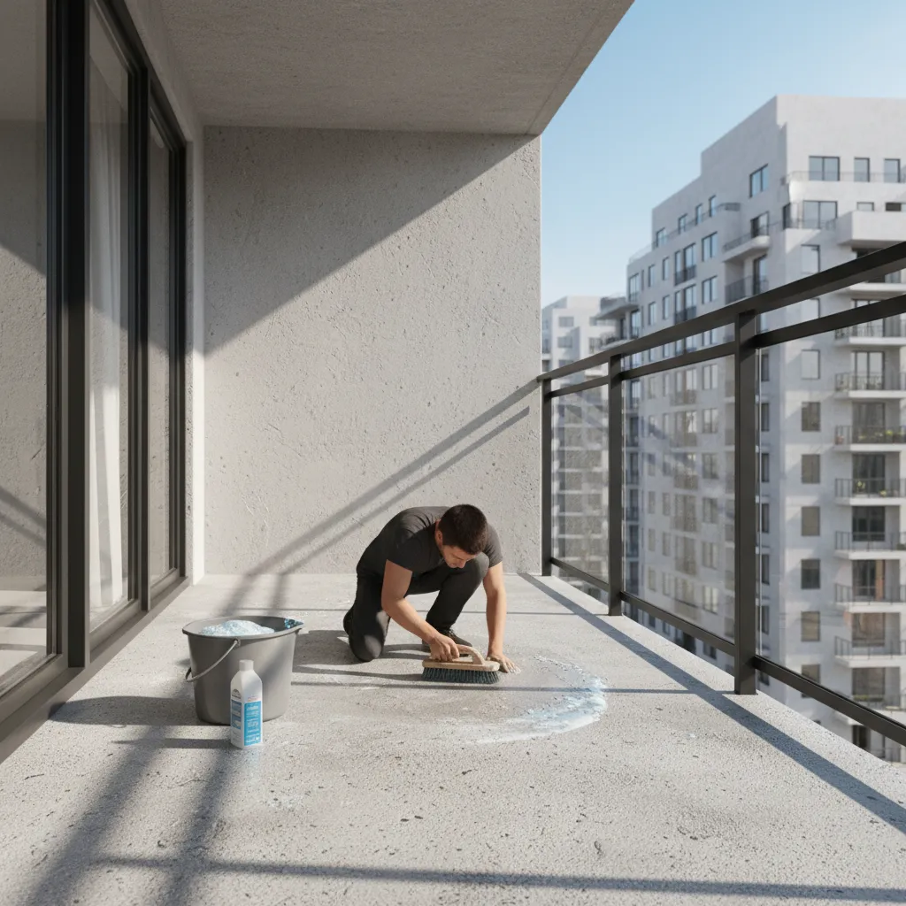 scrubbing a concrete balcony floor with stiff brush and cleaning solution