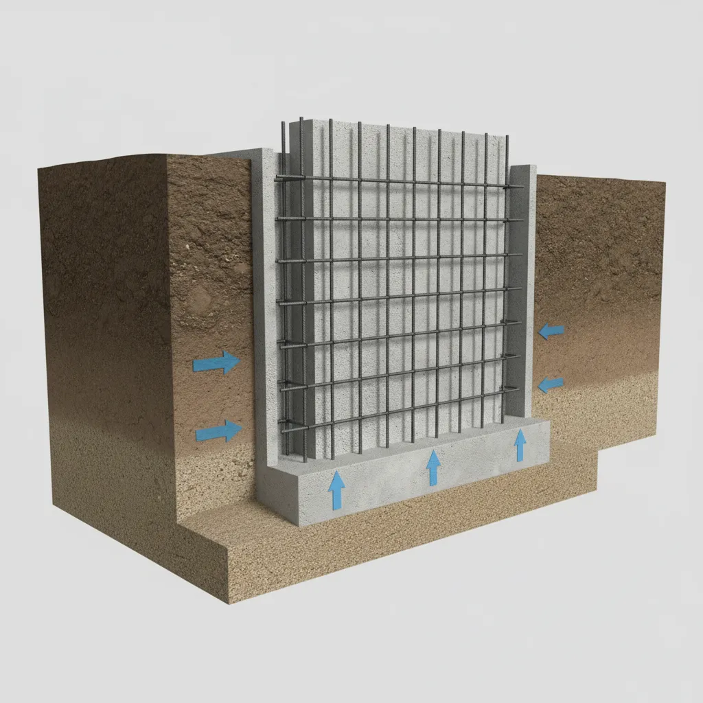 Interior design drawing showing concrete basement wall with metal frame and arrows showing ground pressure