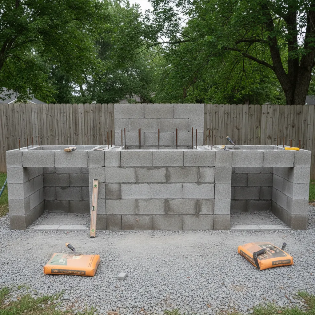 Concrete block base structure for DIY outdoor kitchen island