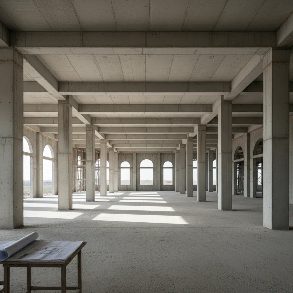 reinforced concrete column grid inside banquet hall structure under construction