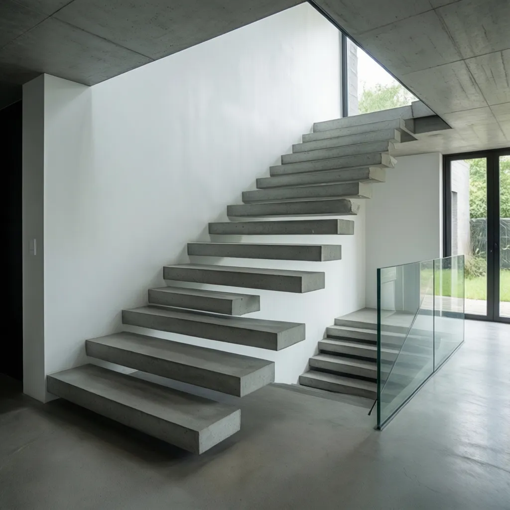 Escalera flotante de cemento anclada a una pared blanca