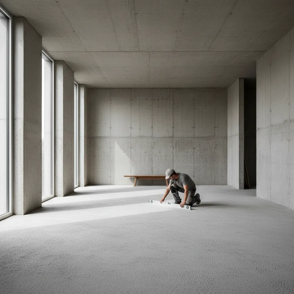 Inspector checking concrete floor level and surface condition before wallpaper installation