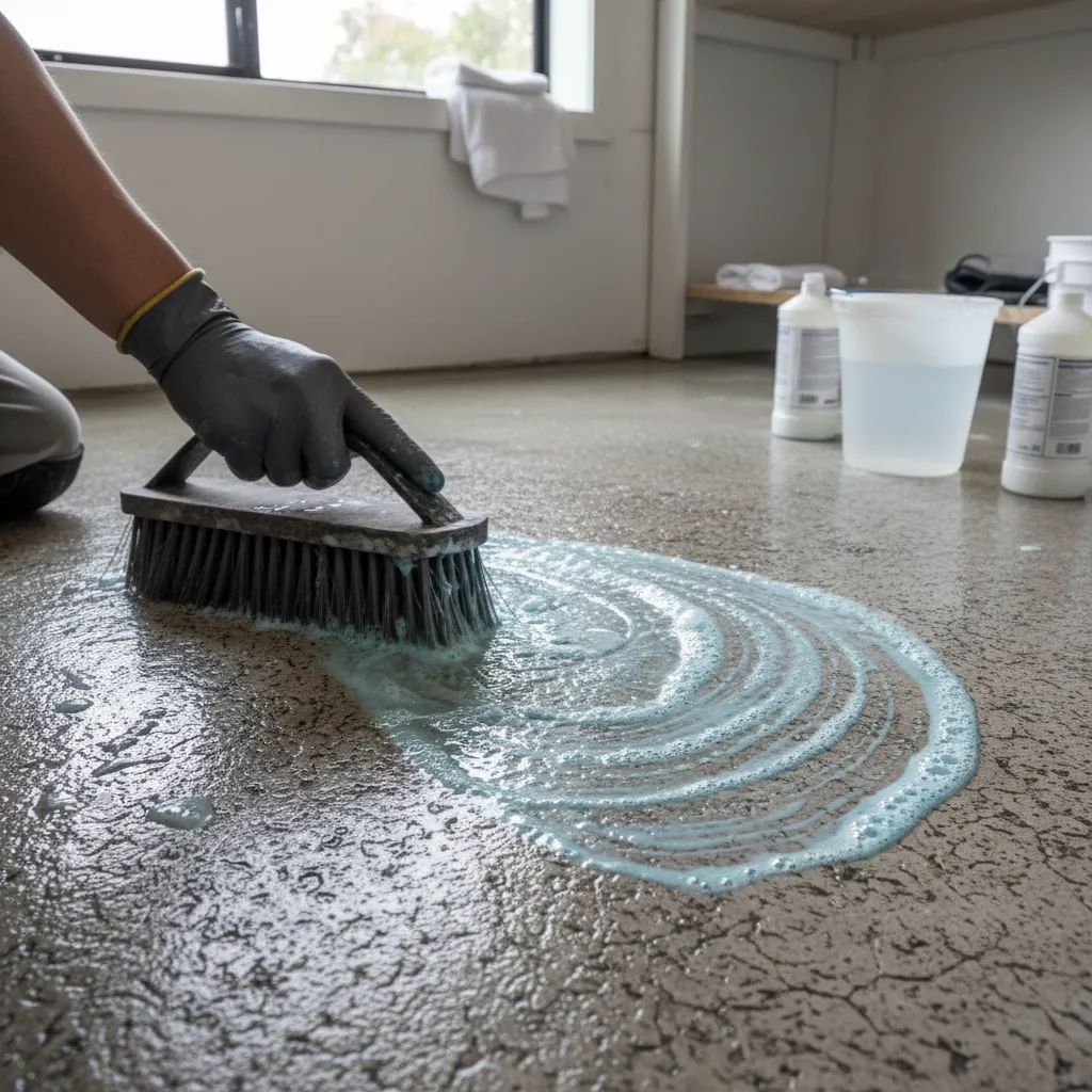 Concrete laundry room floor being cleaned and prepared before painting