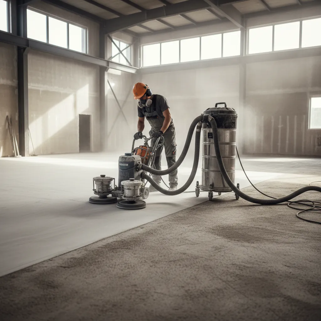 Worker using a grinding machine on a concrete floor in a large room with windows