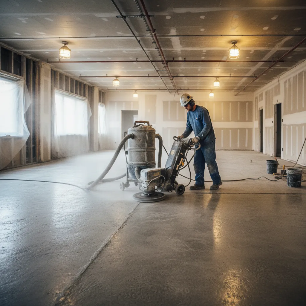 worker grinding concrete floor before decorative flooring installation