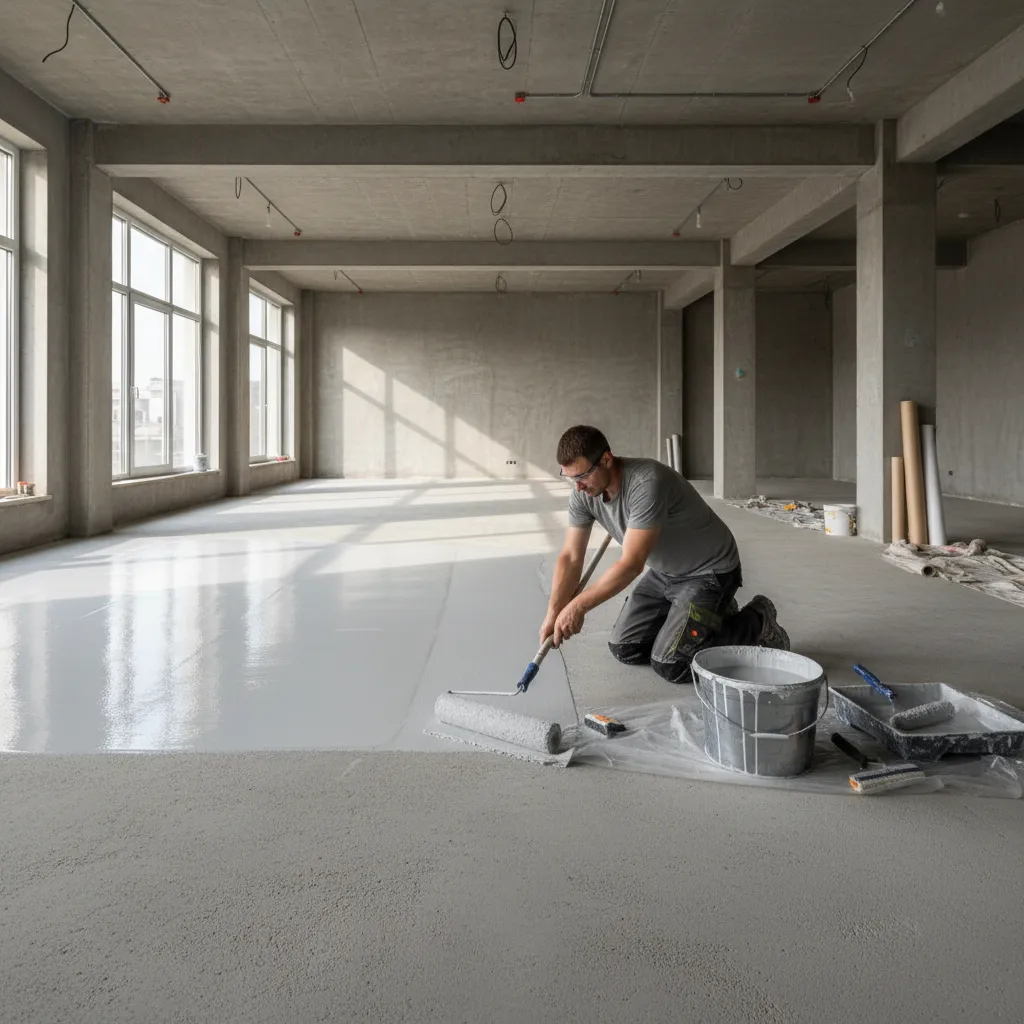 contractor applying primer on concrete floor before installing 3D floor wallpaper