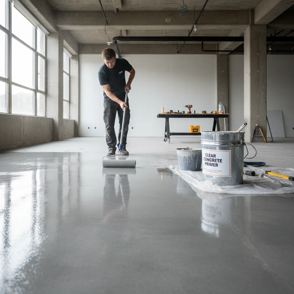 Applying primer to concrete floor before installing wallpaper