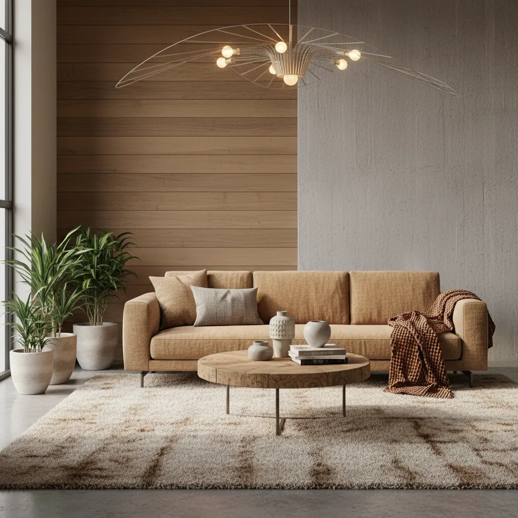 Detalle de suelo de hormigón en interior moderno con alfombra y sofá