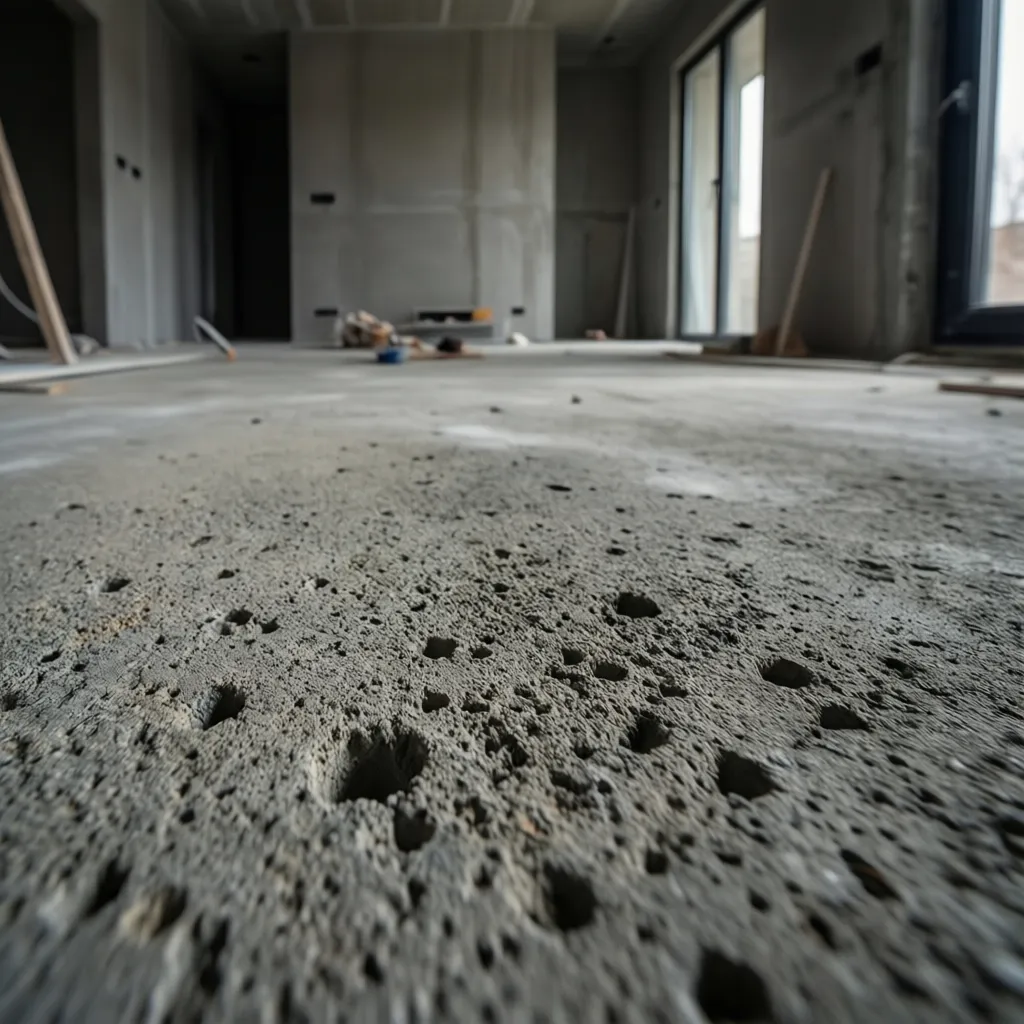 unfinished concrete floor surface with pores and texture before decorative wallpaper installation