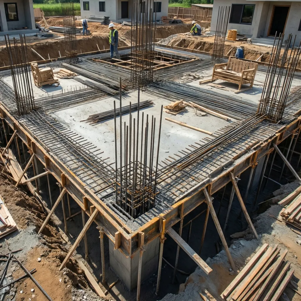 Concrete foundation and structural beams of a residential house under construction