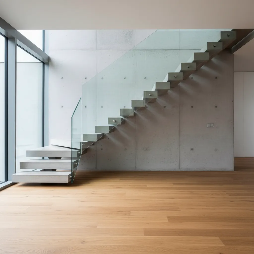 Minimalist concrete stairs with glass railing against a grey concrete wall and light wooden floor