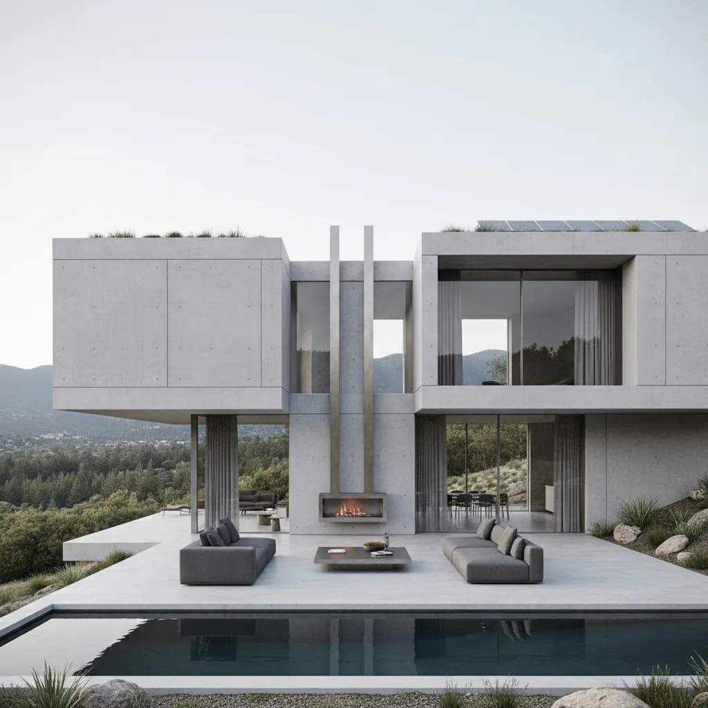 Casa modular de hormigón con ventanales grandes y estilo contemporáneo