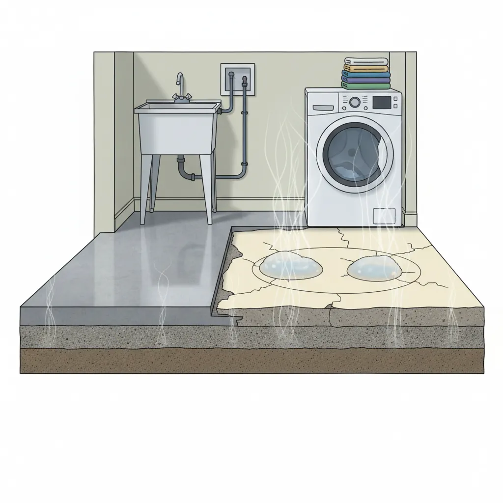 Diagram style visualization of moisture rising through concrete causing floor paint bubbles