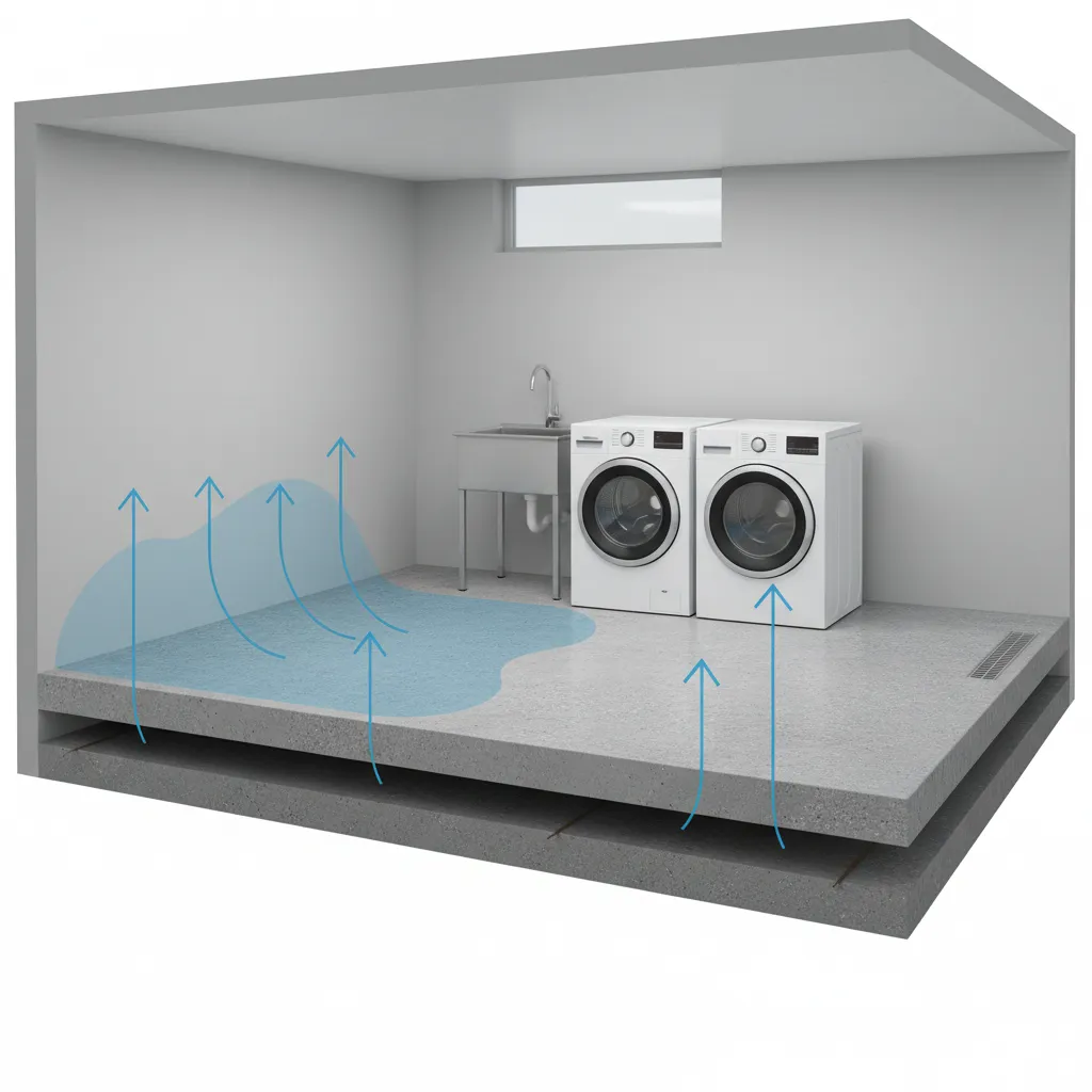 diagram style visualization of moisture vapor rising through concrete floor