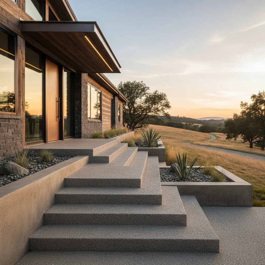 Escalera exterior de hormigón texturizado en una casa rural moderna