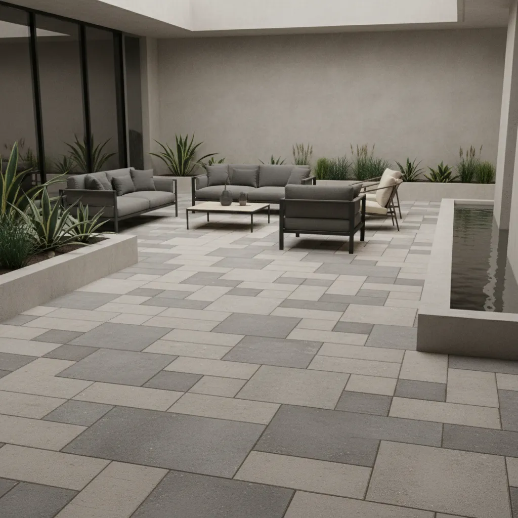 Modern courtyard with geometric concrete paver layout