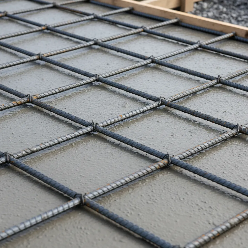 Close view of freshly poured concrete surface and reinforced structural elements